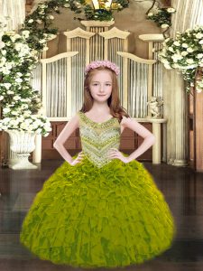 Olive Green Organza Lace Up Scoop Sleeveless Floor Length Kids Pageant Dress Beading and Ruffles