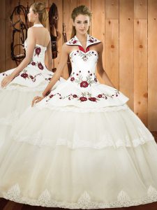 Floor Length White Sweet 16 Quinceanera Dress Tulle Sleeveless Lace and Embroidery