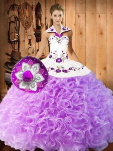 Modest Floor Length Lilac Quince Ball Gowns Fabric With Rolling Flowers Sleeveless Embroidery