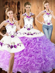 Floor Length Lace Up Quinceanera Gowns Lilac for Military Ball and Sweet 16 and Quinceanera with Embroidery