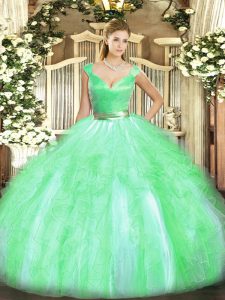Clearance Apple Green Ball Gowns V-neck Sleeveless Tulle Floor Length Zipper Beading and Ruffles Ball Gown Prom Dress