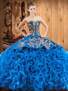 Blue Sleeveless Fabric With Rolling Flowers Court Train Lace Up 15 Quinceanera Dress for Military Ball and Sweet 16 and 