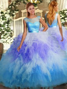 Multi-color Backless Scoop Lace and Ruffles Quinceanera Dress Tulle Sleeveless