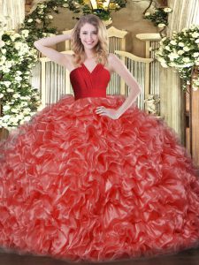 Latest Red Sweet 16 Dresses Military Ball and Sweet 16 and Quinceanera with Ruffles V-neck Sleeveless Zipper