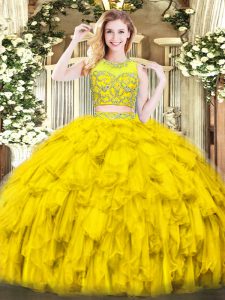 Suitable Sleeveless Tulle Floor Length Zipper Quinceanera Gowns in Gold with Beading and Ruffles