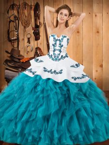 Floor Length Teal Quinceanera Gowns Satin and Organza Sleeveless Embroidery and Ruffles