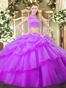Delicate Eggplant Purple Ball Gowns Beading and Ruffles and Pick Ups Quinceanera Gowns Backless Tulle Sleeveless Floor L