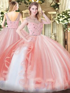 Sleeveless Floor Length Beading and Ruffles Zipper Sweet 16 Dresses with Peach