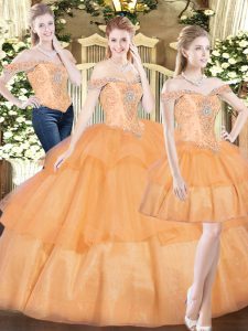 Dynamic Off The Shoulder Sleeveless Quinceanera Gowns Floor Length Beading and Ruffled Layers Orange Red Organza
