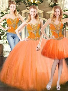 Trendy Orange Red Sleeveless Tulle Lace Up Quince Ball Gowns for Military Ball and Sweet 16 and Quinceanera