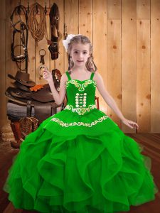 Floor Length Green Pageant Dress for Girls Organza Sleeveless Embroidery and Ruffles