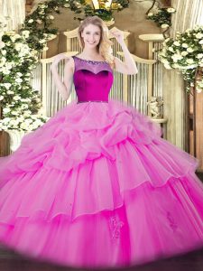 Graceful Lilac Ball Gowns Organza Scoop Sleeveless Beading and Appliques and Pick Ups Floor Length Zipper 15 Quinceanera