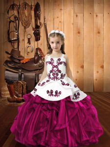 Low Price Fuchsia Ball Gowns Organza Straps Sleeveless Embroidery and Ruffles Floor Length Lace Up Winning Pageant Gowns