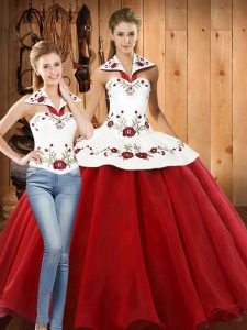 Sleeveless Organza Floor Length Lace Up Quinceanera Gown in White And Red with Embroidery