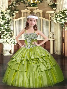 Hot Sale Straps Sleeveless Little Girls Pageant Dress Floor Length Appliques and Ruffled Layers Olive Green Organza