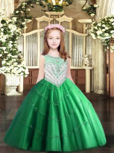Sleeveless Tulle Floor Length Zipper Little Girls Pageant Gowns in Green with Beading and Appliques
