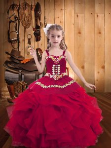 Embroidery and Ruffles Pageant Gowns Red Lace Up Sleeveless Floor Length
