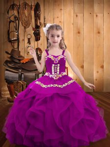 Fuchsia Straps Lace Up Embroidery and Ruffles Pageant Dress for Teens Sleeveless