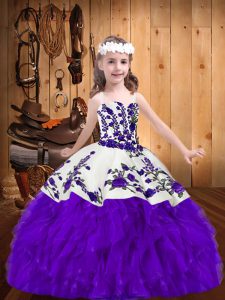 Sleeveless Organza Floor Length Lace Up Little Girls Pageant Dress Wholesale in Purple with Embroidery and Ruffles