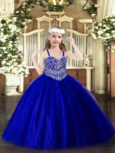 Amazing Ball Gowns Little Girls Pageant Gowns Royal Blue Straps Tulle Sleeveless Floor Length Lace Up