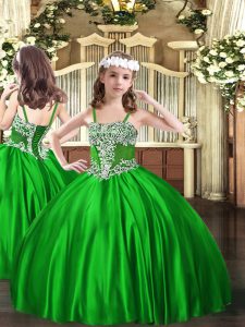High Quality Green Ball Gowns Satin Straps Sleeveless Appliques Floor Length Lace Up Little Girl Pageant Gowns