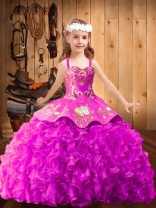 Straps Sleeveless Satin and Organza Little Girl Pageant Gowns Embroidery and Ruffles Sweep Train Lace Up