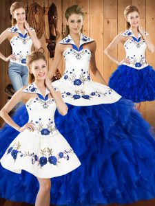 Adorable Blue And White Halter Top Lace Up Embroidery and Ruffles 15th Birthday Dress Sleeveless