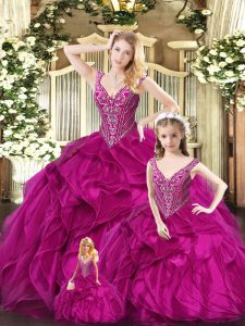 Clearance Fuchsia Straps Neckline Ruffles Ball Gown Prom Dress Sleeveless Lace Up