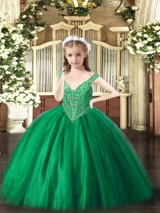 Green Tulle Lace Up Winning Pageant Gowns Sleeveless Floor Length Beading