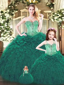 Dark Green Tulle Lace Up Sweetheart Sleeveless Floor Length 15th Birthday Dress Beading and Ruffles