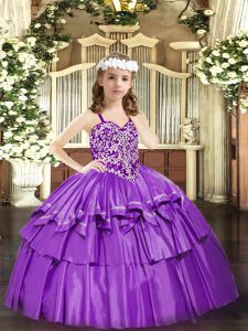 Hot Sale Lilac Organza Lace Up Straps Sleeveless Floor Length Custom Made Pageant Dress Beading and Ruffled Layers