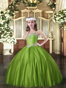 Floor Length Olive Green High School Pageant Dress Satin Sleeveless Beading