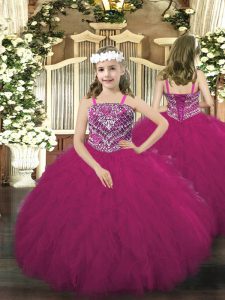 Fuchsia Ball Gowns Tulle Straps Sleeveless Beading and Ruffles Floor Length Lace Up Pageant Dress for Teens