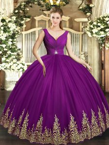 Eggplant Purple Sleeveless Floor Length Beading and Appliques and Ruching Backless Sweet 16 Dress