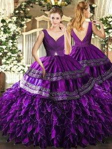 Sweet Sleeveless Floor Length Beading and Ruffles and Ruching Backless Sweet 16 Quinceanera Dress with Eggplant Purple