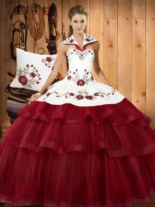 Cheap Sleeveless Sweep Train Lace Up With Train Embroidery and Ruffled Layers Quince Ball Gowns