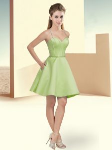 Pretty Yellow Green A-line Spaghetti Straps Sleeveless Satin Mini Length Clasp Handle Beading Court Dresses for Sweet 16