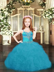 Amazing Sleeveless Floor Length Beading and Ruffles and Pick Ups Lace Up Little Girls Pageant Dress with Aqua Blue