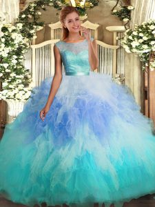 Best Selling Multi-color Ball Gowns Scoop Sleeveless Tulle Floor Length Backless Lace and Ruffles Quinceanera Dress