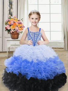 Multi-color Ball Gowns Organza Straps Sleeveless Beading and Ruffles Floor Length Lace Up Little Girl Pageant Gowns