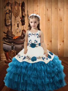 Perfect Sleeveless Embroidery and Ruffled Layers Lace Up Pageant Dress Womens