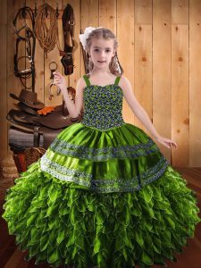 Modern Olive Green Ball Gowns Beading and Appliques and Ruffles Little Girl Pageant Gowns Lace Up Satin and Tulle Sleeve