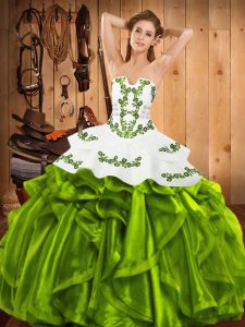 Sleeveless Floor Length Embroidery and Ruffles Lace Up Sweet 16 Dress with