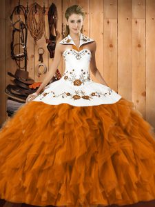 Sleeveless Satin and Organza Floor Length Lace Up Sweet 16 Quinceanera Dress in Orange Red with Embroidery and Ruffles