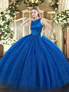 Scoop Sleeveless Sweet 16 Dresses Floor Length Belt Blue Tulle