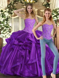 Eggplant Purple Ball Gowns Sweetheart Sleeveless Tulle Floor Length Lace Up Beading and Ruffles 15th Birthday Dress