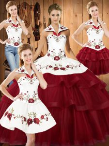 New Arrival Sweep Train Ball Gowns Quinceanera Dress Wine Red Halter Top Satin and Organza Sleeveless With Train Lace Up