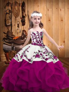 Fashionable Fuchsia Ball Gowns Organza Straps Sleeveless Embroidery and Ruffles Floor Length Lace Up Girls Pageant Dress