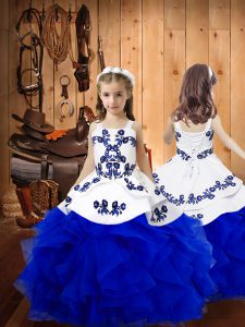 Royal Blue Little Girls Pageant Gowns Sweet 16 and Quinceanera with Embroidery and Ruffles Straps Sleeveless Lace Up