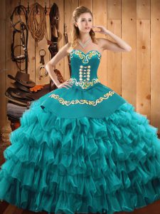 Fabulous Sweetheart Sleeveless Quinceanera Gowns Floor Length Embroidery and Ruffled Layers Teal Satin and Organza
